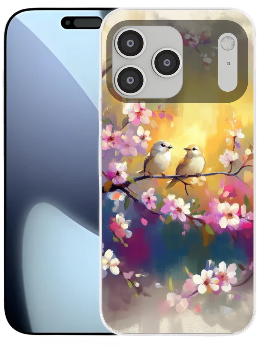 Telefoonhoesje Geschikt voor iPhone 17 Pro Max hoesje - Vogels - Bloemen - Roze - Siliconen Telefoonhoesje Telefoonhoesje