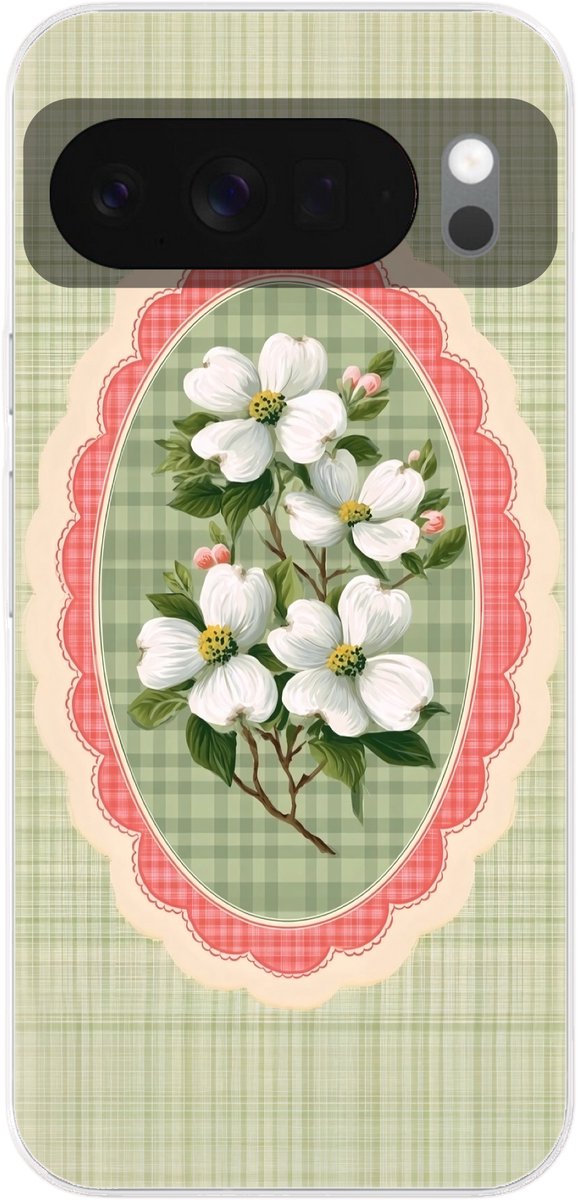 Telefoonhoesje Geschikt voor Google pixel 10 Pro XL hoesje - Bloemen - Illustratie - Geruit - Groen - Siliconen Telefoonhoesje Telefoonhoesje