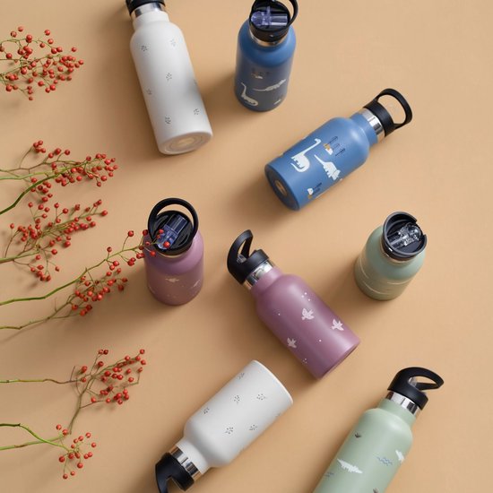 Meerdere Fresk thermosflessen in verschillende kleuren met diverse prints: wit met sterren, lichtblauw met ganzen, paars met vlinders, mintgroen met golven en blauw met dino's. Allen met een zwarte drinktuit.