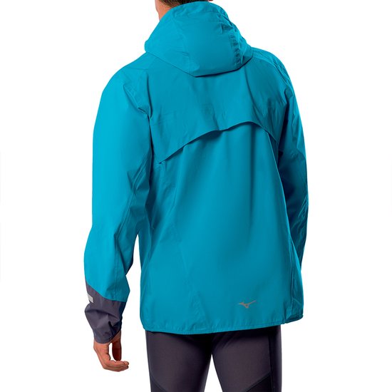 Blauwe Mizuno jas met capuchon, donkergrijs op de onderarmen en achterkant.