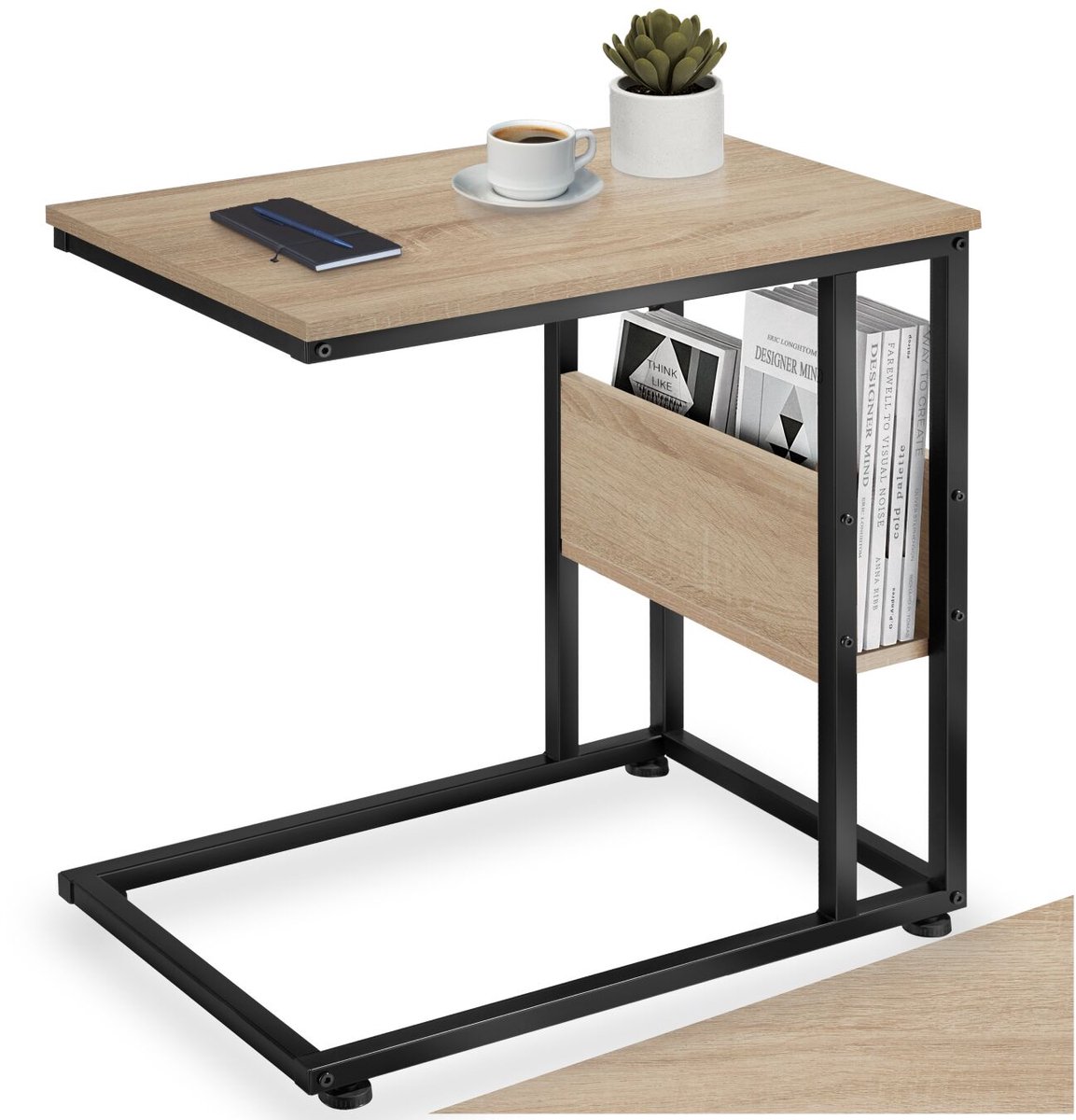 Tectake C-Vormige Bijzettafel van Hout en Metaal – Industrieel Design, Salontafel met Zijvak, 55x36,5x60 cm, Zwart Metalen Frame – Licht Sonoma Eiken Lichtbruin - Eiken Sonoma