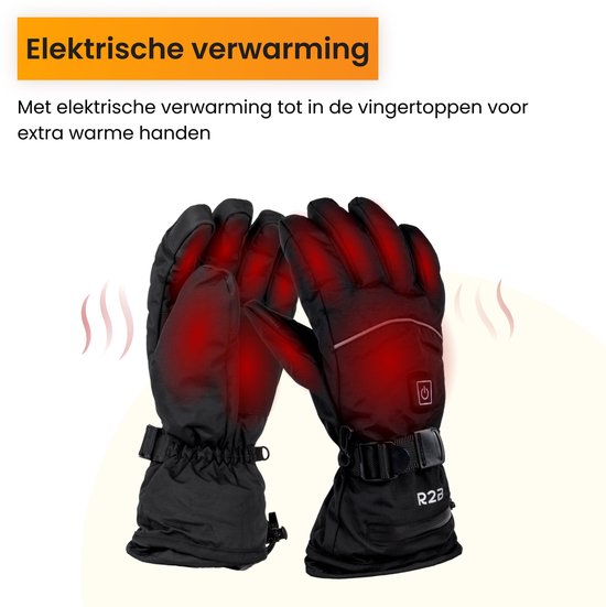 Zwarte R2B handschoenen met rode gloed om elektrische verwarming tot in de vingertoppen aan te duiden.