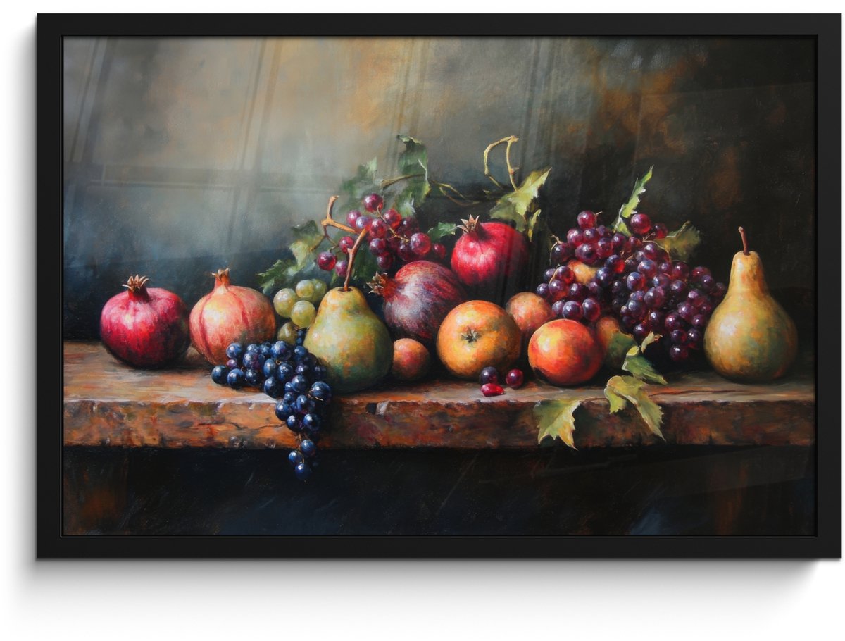 FrameYourWall Poster in lijst - Fotolijst 60x40 cm - Posters - Rustiek - Stilleven - Fruit - Posterlijst zwart - Decoratie - Wanddecoratie woonkamer - Muurdecoratie slaapkamer Fruit tafel - Stilleven