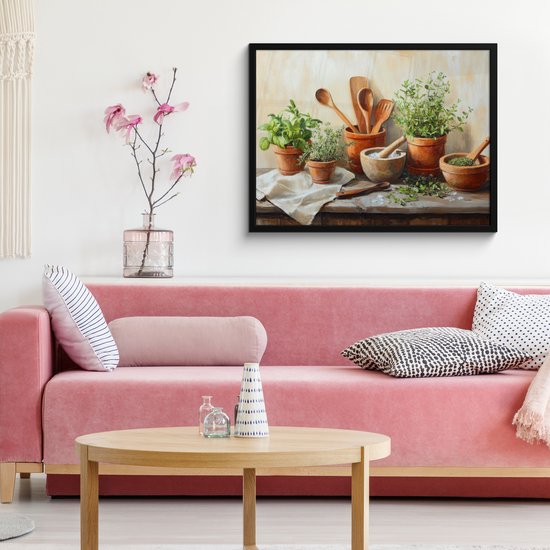Poster in lijst - Fotolijst 80x60 cm - Posters - Potten - Kruiden - Hout - Posterlijst zwart - Decoratie - Wanddecoratie woonkamer - Muurdecoratie slaapkamer