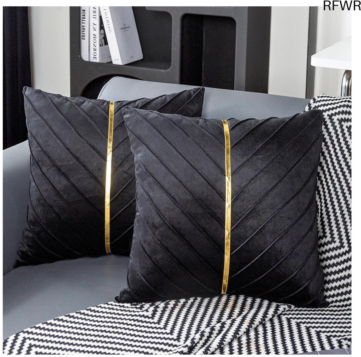 RFWR Vierkante Fluwelen Kussenhoezen 40 x 40 cm - Set van 2 in Zwart en Goud voor een Elegante Interieurstijl
