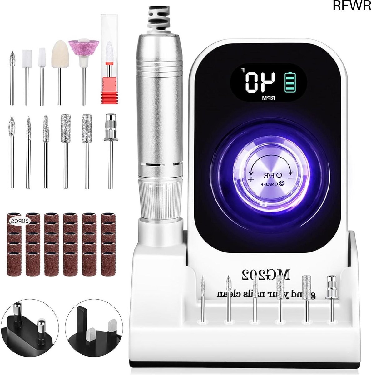 RFWR® Professionele nagelboor met instelbare snelheid en LCD-display - 40.000 RPM, draagbare manicure-boormachine voor thuis en salon