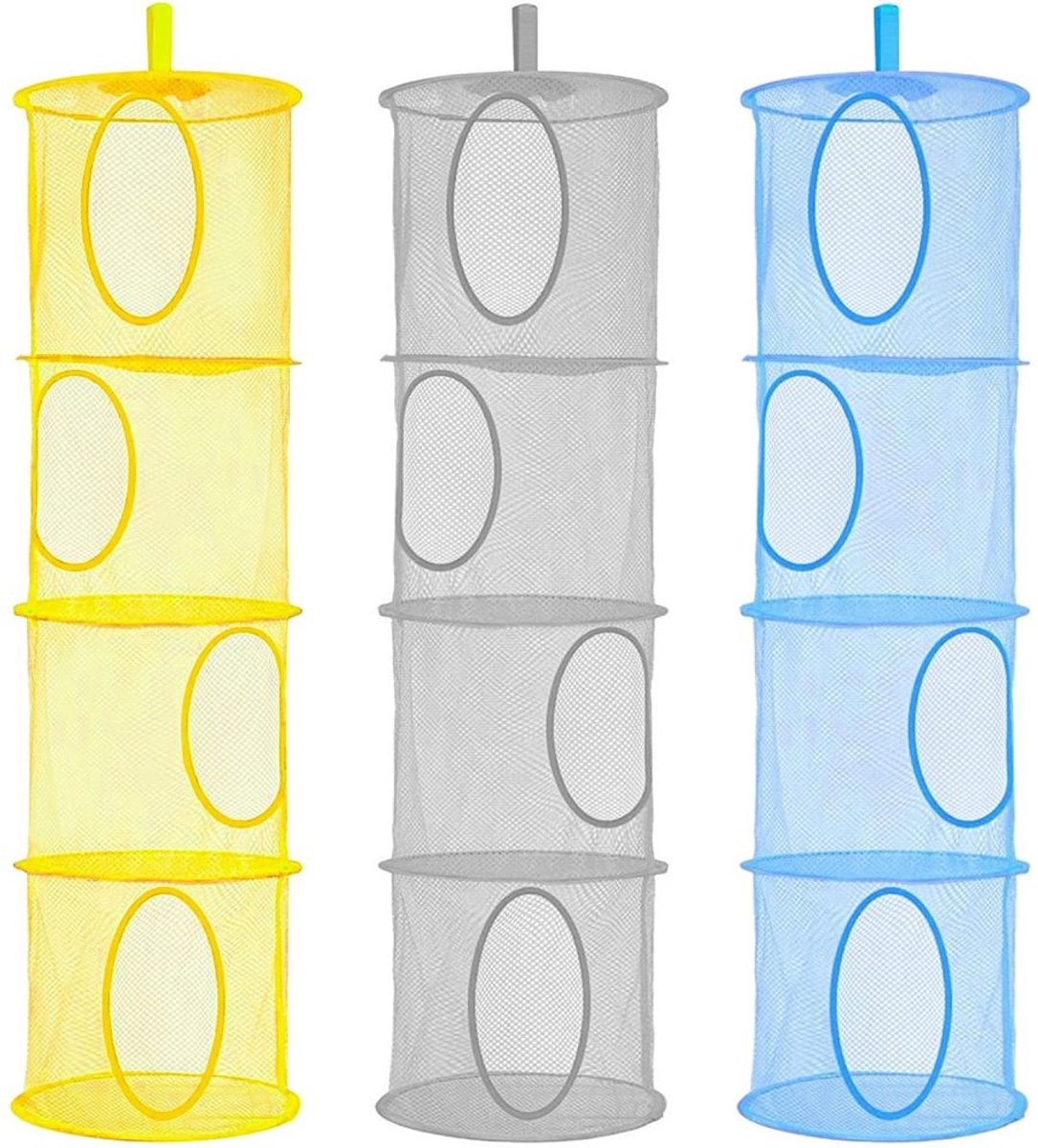 QTTVBTNA -Opvouwbare Hangende Opbergmand met Net – 3-laags Organizer met 3 Vakken, Ademend en Ruimtebesparend, Ideaal voor Reizen, Kinderkamer en Badkamer – Set van 3