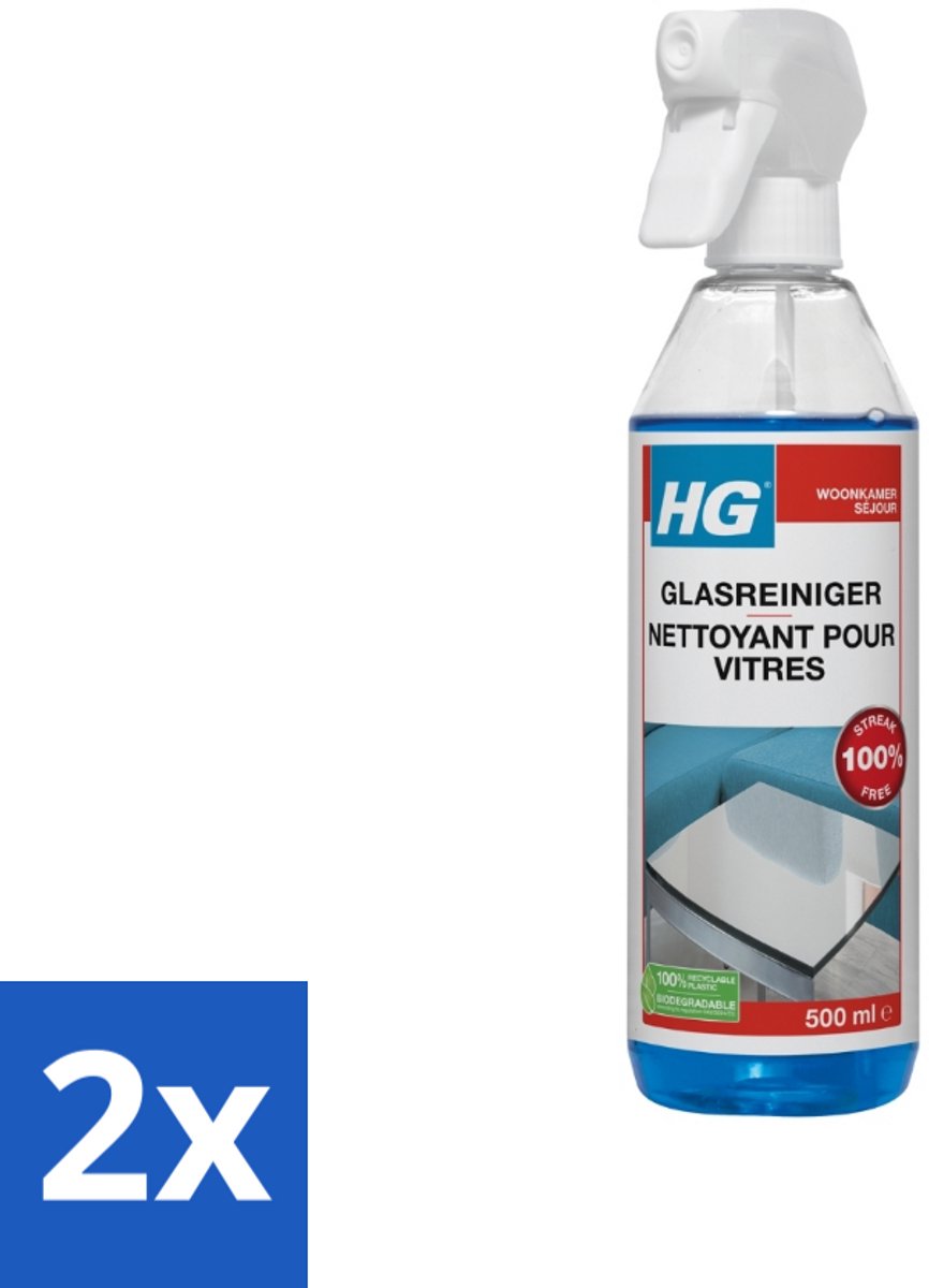 2 x HG Glasreiniger 500 ml - Glasreiniger - Streeploos Schoon - Ramen Schoonmaken - Spiegels Schoonmaken - HG Glasreiniger