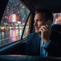Man in pak in taxi met donkergroen telefoonhoesje met kaarthouder.