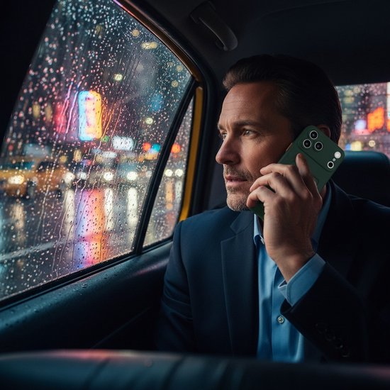 Man in pak in taxi met donkergroen telefoonhoesje met kaarthouder.