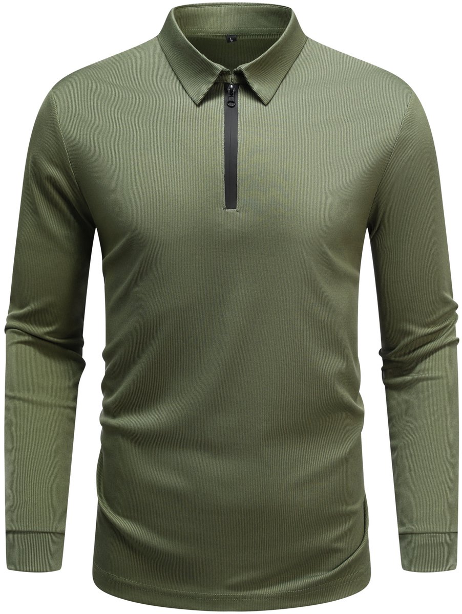 Allthemen Heren Lange Mouw Rek T-Shirt Oversize Polo Met Halve Rits Donkergroen