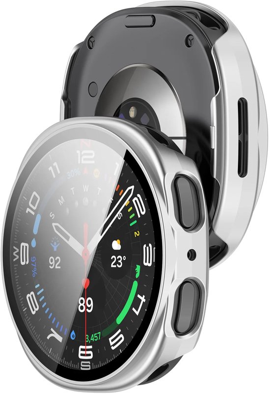 Zilverkleurig hard case hoesje met screenprotector voor Samsung Galaxy Watch 8 40mm, van achteren gezien.