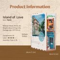 Productinformatie 'Island of Love' boekensteun met afmetingen en specificaties.