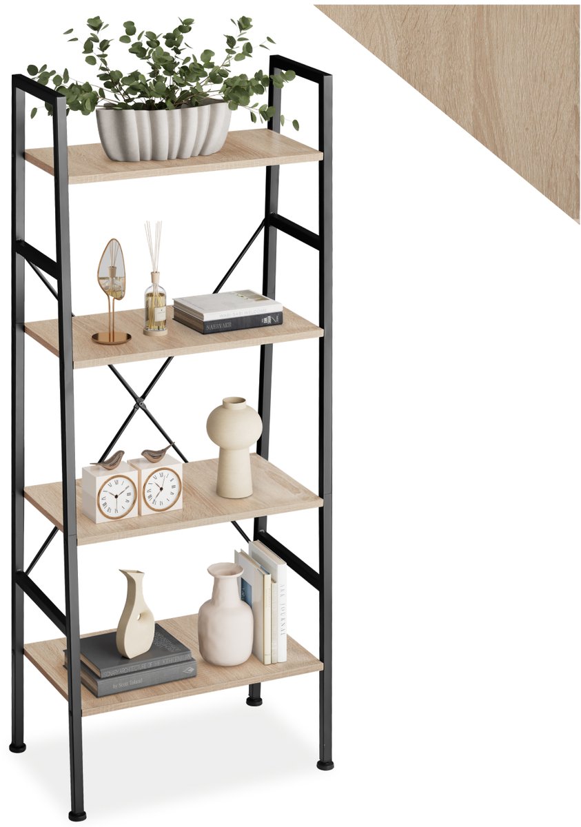 tectake® Wandkast met 4 niveaus - Houten boekenkast met 4 planken - Industrieel design - Voor woonkamer, keuken, kantoor - Zwart metalen frame - Afmeting (LxBxH) 57,5 x 35,5 x 139 cm - Lichtbruin