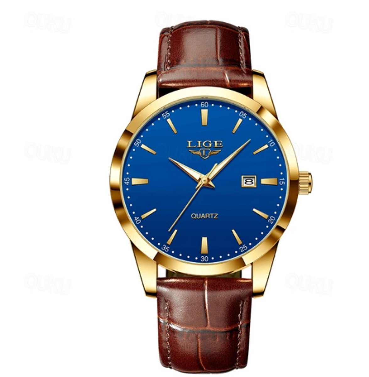 LIGE | Herenhorloge Quartz 40 Ø MM - Waterdicht - Analoog Herenhorloge met Bruine Leren Band Donkerblauwe Wijzerplaat - Roestvrij Staal, Lichtgevende Wijzers, Datumweergave - Klassiek Elegant Business Dress Watch | Herenhorloge - Polshorloge