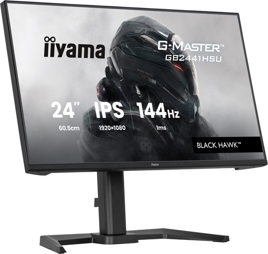 Een 24-inch IPS G-MASTER GB2441HSU monitor met 144Hz, 1920x1080 resolutie en 1ms responstijd. Gedetailleerde graphics.