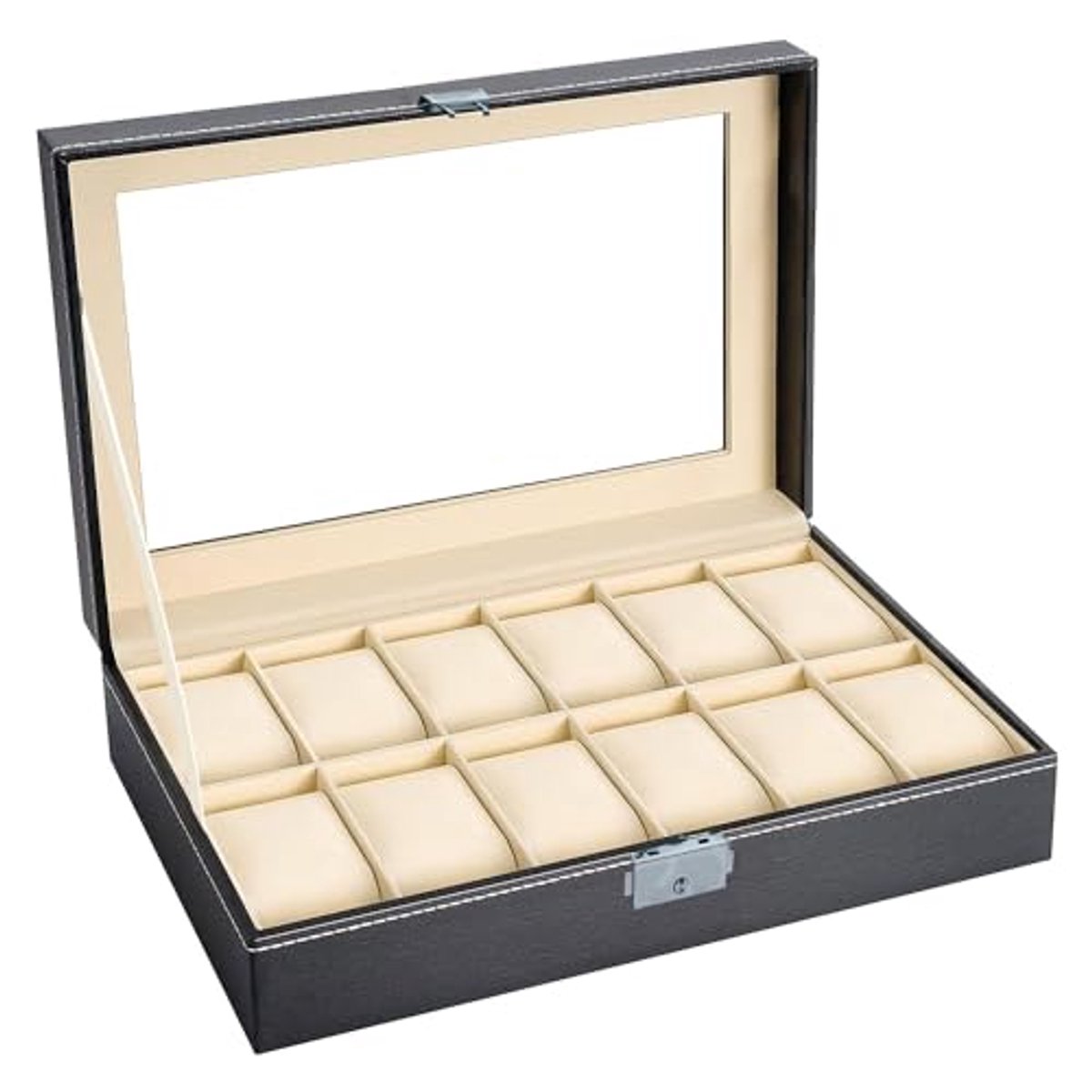 Horlogekast met 12 vakjes en glazen deksel - 30 x 20 x 8 cm - Vitrinekast voor horloges en juwelen