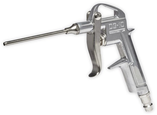 Zilverkleurig metalen blaaspistool met lange tuit en DG-10 aanduiding.
