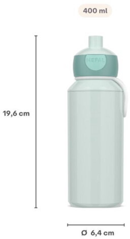 Gourde Mepal vert menthe, 400 ml, 19,6 cm de haut, 6,4 cm de diamètre.
