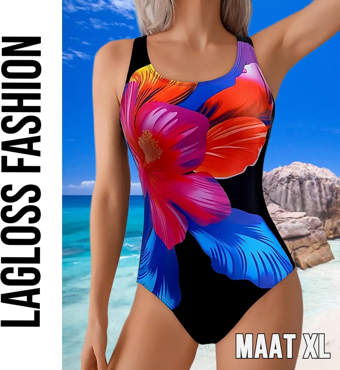 LaGloss ® Dames Badpak met Grote Kleurrijke Bloem – Elegante Zomerse Eenstuk Zwemkleding – Vakantie & Strandmode – Polyester/Elastaan – Bloemenprint Blauw
