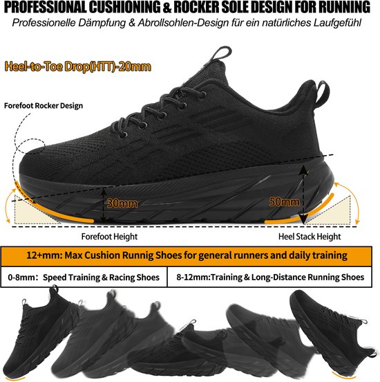 Zwarte sportschoen met diagrammen die de 'Heel-to-Toe Drop', 'Forefoot Rocker Design', 'Forefoot Height' en 'Heel Stack Height' uitleggen.