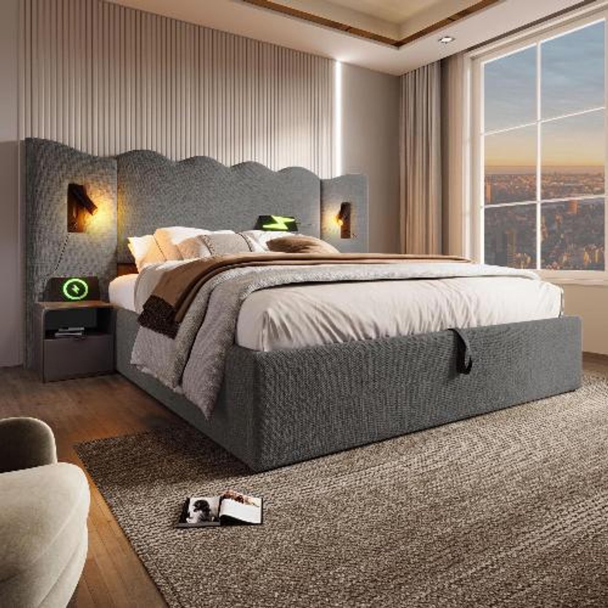KOMHTOM BLACK COLORS Gestoffeerd bed 180x200 cm met opbergruimte, leeslamp en USB Type-C, linnen Grijs