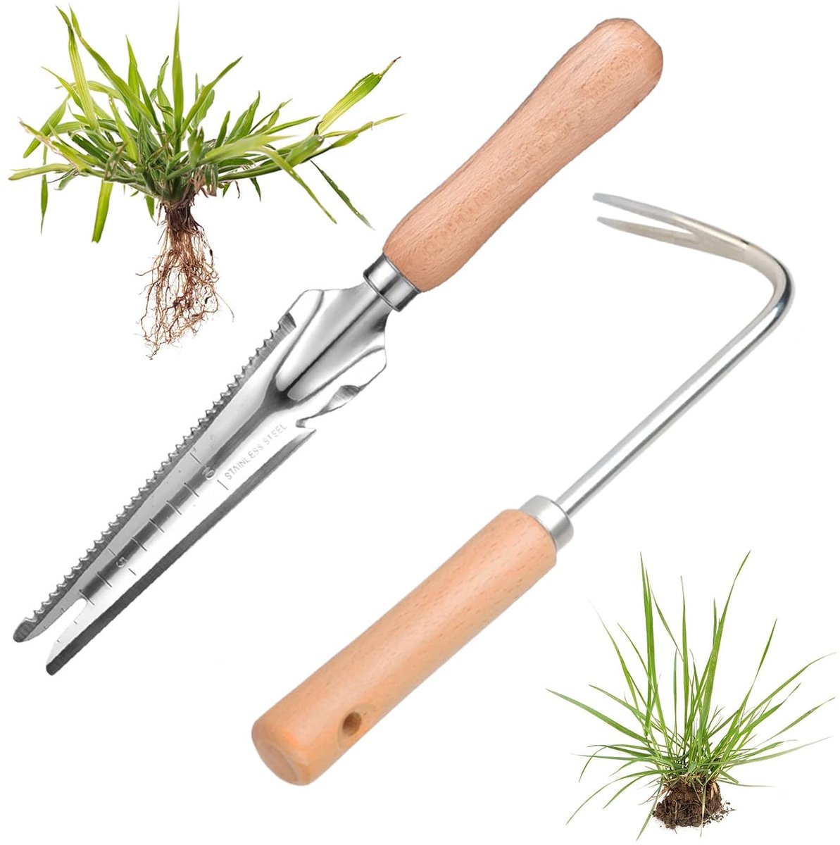 Onkruidverwijderaar set - roestvrij staal - ergonomische beukengreep - 2 stuks