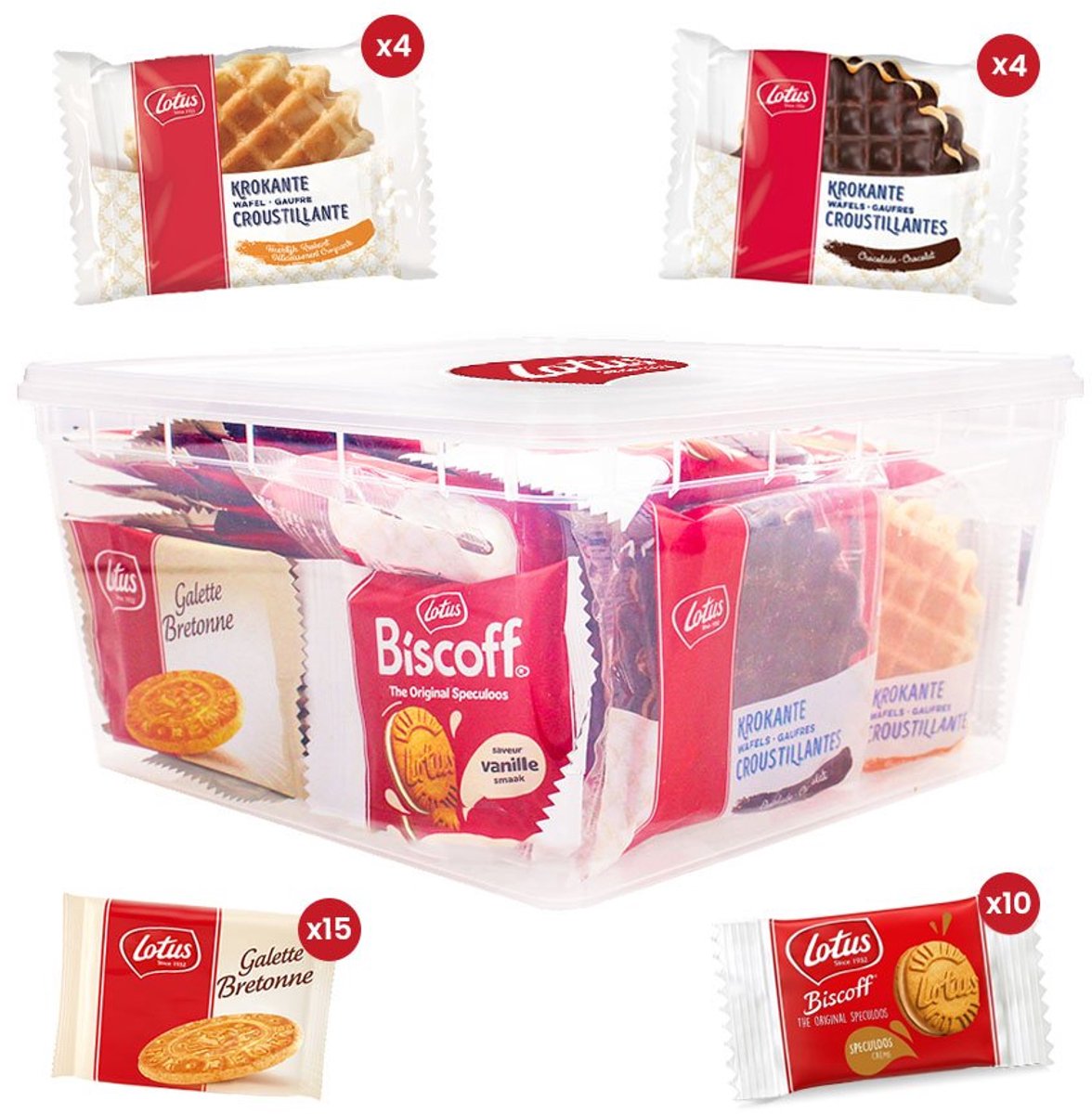 Lotus Koekjesbox – 33 stuks - Vanille en chocolade wafels , Bretons botergaletje & Biscoff Speculoos Sandwich met speculoos crème
