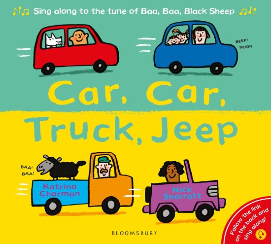 Boekcover met de titel 'Car, Car, Truck, Jeep'. Vier auto's met vrolijke personages, waaronder een schaap.