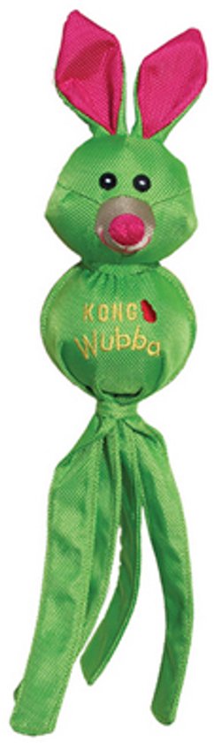 Groen konijn Wubba speelgoed met lange flappen.
