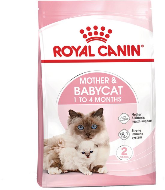 Roze verpakking Royal Canin Mother & Babycat 1 tot 4 maanden kattenvoer met afbeelding van een moederskat met kitten.