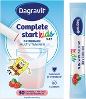 Dagravit Complete start kids drinkbare multivitaminen met Spongebob die uit een glas springt. Met aardbeien en 30 sachets.