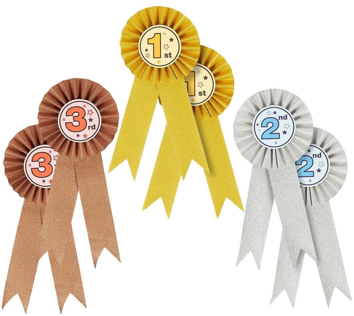 6-Pack Award Rozetten 1e-2e-3e Plaats - Goud-Zilver-Brons Kleur Sport Erkenningslinten