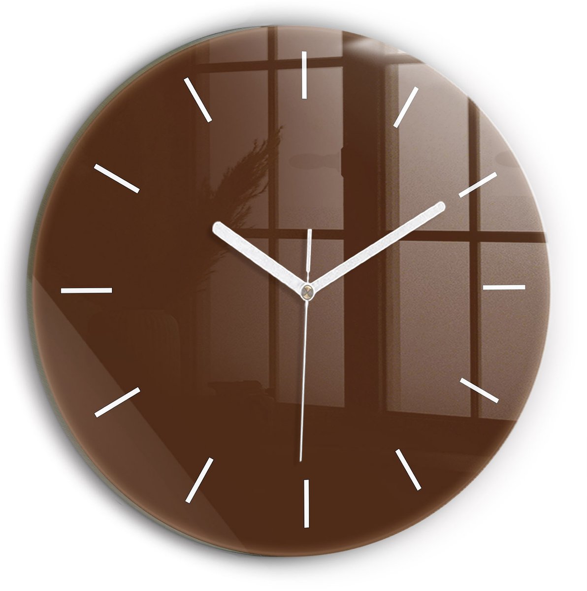 Wallfluent Wandklok - Bruin Ronde Glazen Klok - 30 cm x 30 cm - Bruin Wandklok - Witte Handen - Wandklok Zonder Cijfers - Wandklok voor in de Keuken - Ronde Glazen Wandklok - Industrieel Wandklok - Ronde Glas Klok