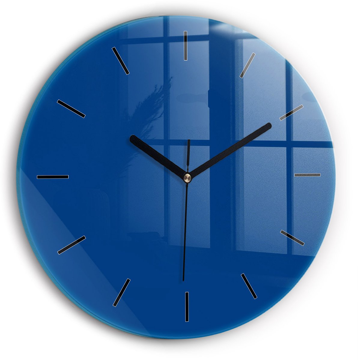 Wallfluent Wandklok - Blauw Ronde Glas Klok - 30 cm x 30 cm - Blauw Wandklok - Zwarte Handen - Wandklok Zonder Cijfers - Wandklok Glas Woonkamer - Ronde Glazen Klok - Minimalistisch Wandklok - Ronde Glazen Wandklok
