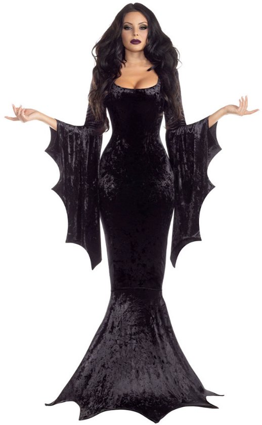 Joya Kids® | Verkleedjurk Dames Vampier | Morticia Addams | Zwarte Fluwelen Jurk met Vleermuismouwen | Verkleed Kostuum Dames Halloween | Verkleed Jurk Fluweel Heks Volwassenen | Maat M