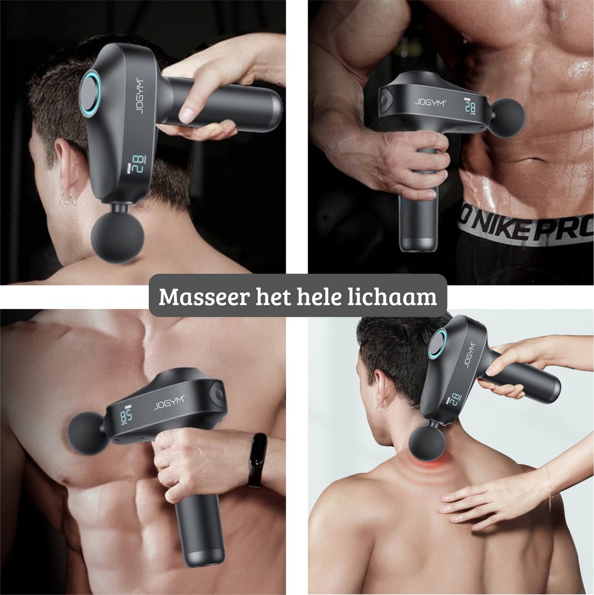 Afbeelding 3 van JOGYM® - Massage Gun – Premium Massage Apparaat 2025 Model – 6 Opzetstukken - Professioneel Massage gun - 30 Standen – LCD – Extra Stil En Krachtig – Inclusief Luxe Opberg Tas