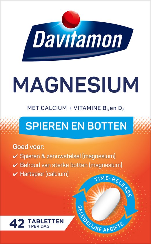 Davitamon Magnesium verpakking voor spieren en botten, 42 tabletten met calcium en vitamine B3 en D3.