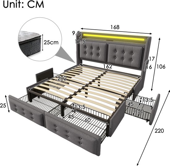 Lit Lits doubles capitonné HAUSS SPOLE 160x200 cm - Lit avec 4 tiroirs de rangement + Matras - Siècle des Lumières LED + port USB Type C - Katoen - Grijs