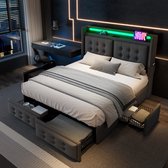 Lit Lits doubles capitonné HAUSS SPOLE 160x200 cm - Lit avec 4 tiroirs de rangement - Siècle des Lumières LED + port USB Type C - Katoen - Grijs