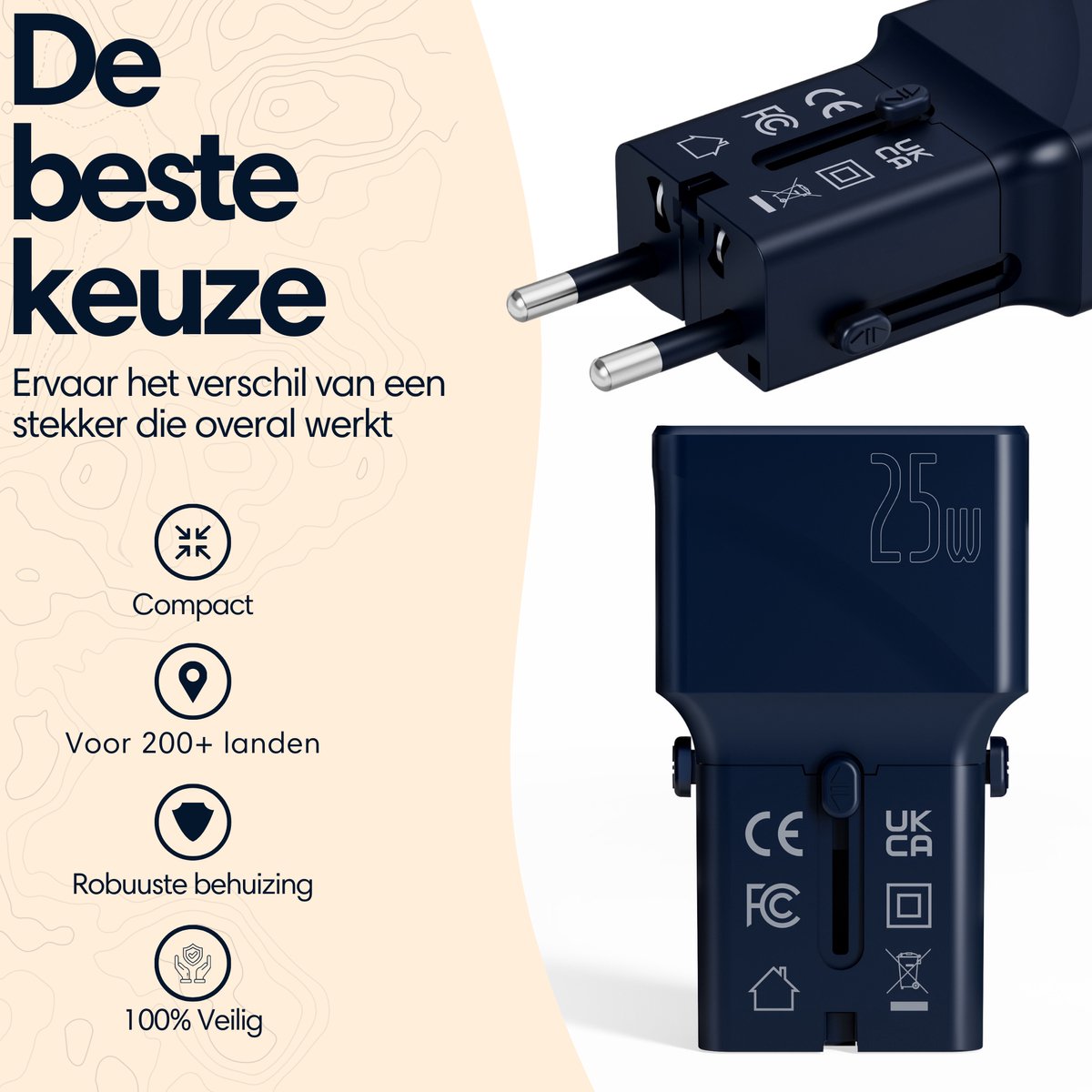 needventure® Mini Reisstekker 213 landen - Universele Wereldstekker - 2 USB-C & 3 USB-A - Reisadapter Wereld Amerika (USA), Engeland (UK), Australië, Zuid Amerika, Afrika, Thailand - USB C Fast Charge Functie — cadeau in Gadgets - foto 2