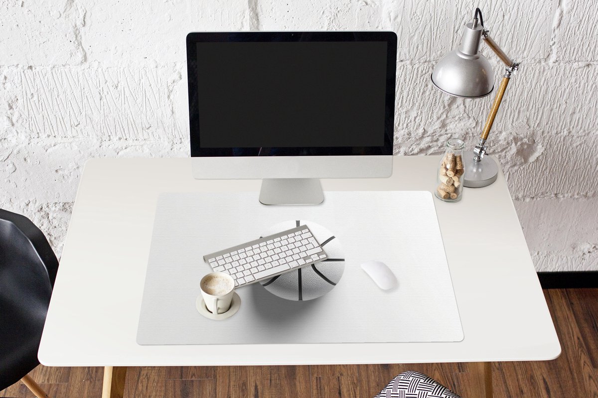Muismat XXL 90x60 cm - Bureau onderlegger - Bureau mat Basketbal - Wit - Schaduw - Lijnen - Bureaumat - Gaming mousepad xl - Bureaulegger groot - Computer deskmat