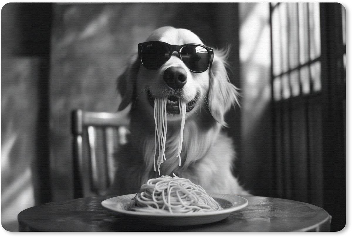 Muismat XXL 90x60 cm - Bureau onderlegger - Bureau mat Golden Retriever - Hond - Vrolijk - Bord spaghetti - Zwart - wit - Bureaumat - Gaming mousepad xl - Bureaulegger groot - Computer deskmat