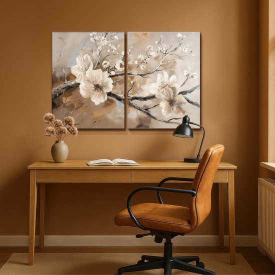 Tableau sur toile 120x80 cm - Décoration murale diptyque - Blossom - Beige - Abstrait - Fleurs - Décoration murale salon - Décoration chambre - Accessoires chambre - Peintures sur toile