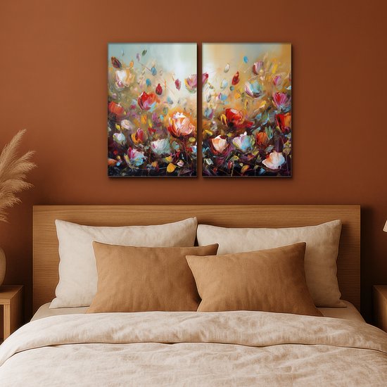 Canvas schilderij set 80x60 cm - Wanddecoratie tweeluik - Bloemen - Abstract - Verflook - Kleurrijk - Muurdecoratie woonkamer - Slaapkamer decoratie - Kamer accessoires - Schilderijen op canvas