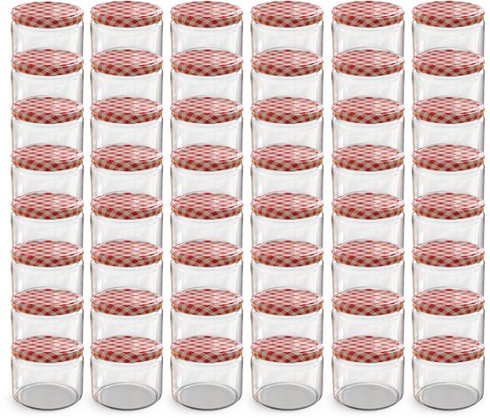 Oputec 48x 282ml inmaakpotten / voorraadpotten TO Ø 82 mm – glazen jampotten – metalen schroefdeksel rood-wit geruit – conservenpotten