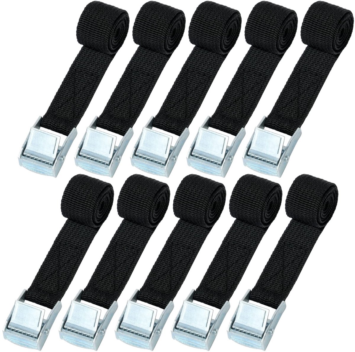 Spanbanden - 150 kg draagvermogen - Met klemgesp - Verstelbaar voor transport, vracht, bagage & camping - Zwart - 10 stuks - 0,5 meter - 20 mm breed