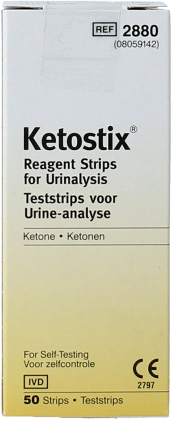Doosje Ketostix reagent strips for urinalysis, 50 strips.