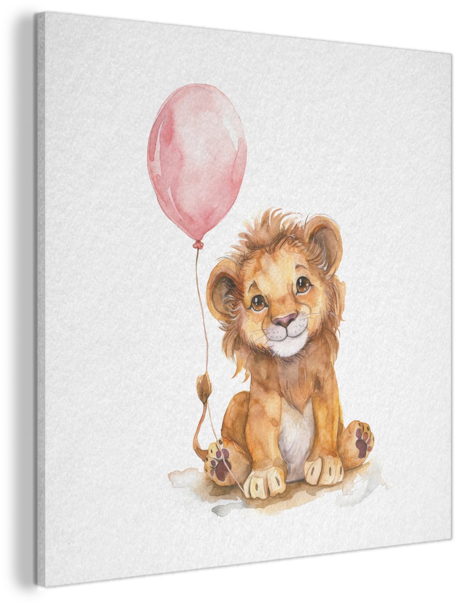 Akoestisch wandpaneel 40x40 cm - Vilt schilderij Leeuw - Baby dier - Dieren - Roze ballon - Akoestische panelen - Geluidsdempende wanddecoratie - Geluidsisolatie woonkamer - Muurdecoratie geluidspanelen