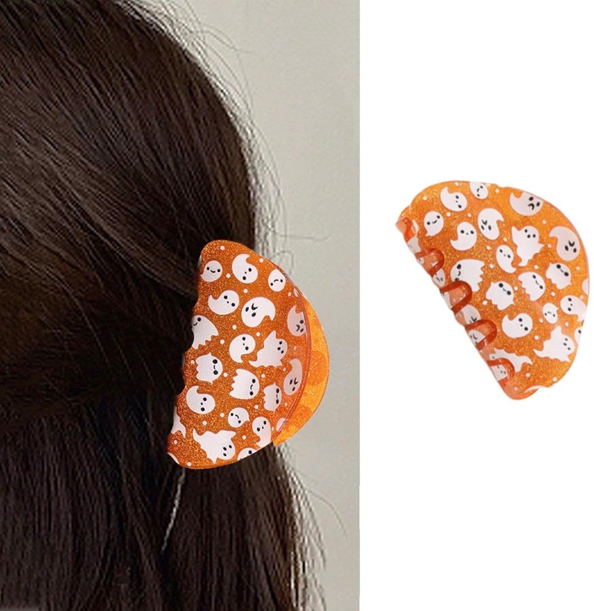 Daity 1 stuk glitter spook haarclip - schattige oranje spook klauw clip met poeder design - middelgrote maat voor dun/dik haar - acryl haaraccessoires voor vrouwen Halloween decoratie